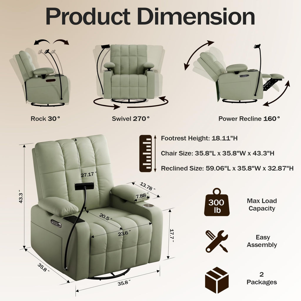 AILEEKISS Power Glider Recliner Nursery w/ Adjustable Armrest Lumbar Headrest Charging Night Light Smart Cup Holder, Oversized Swivel Rocker, Nursing Rocking Chair for Breastfeeding Living Room