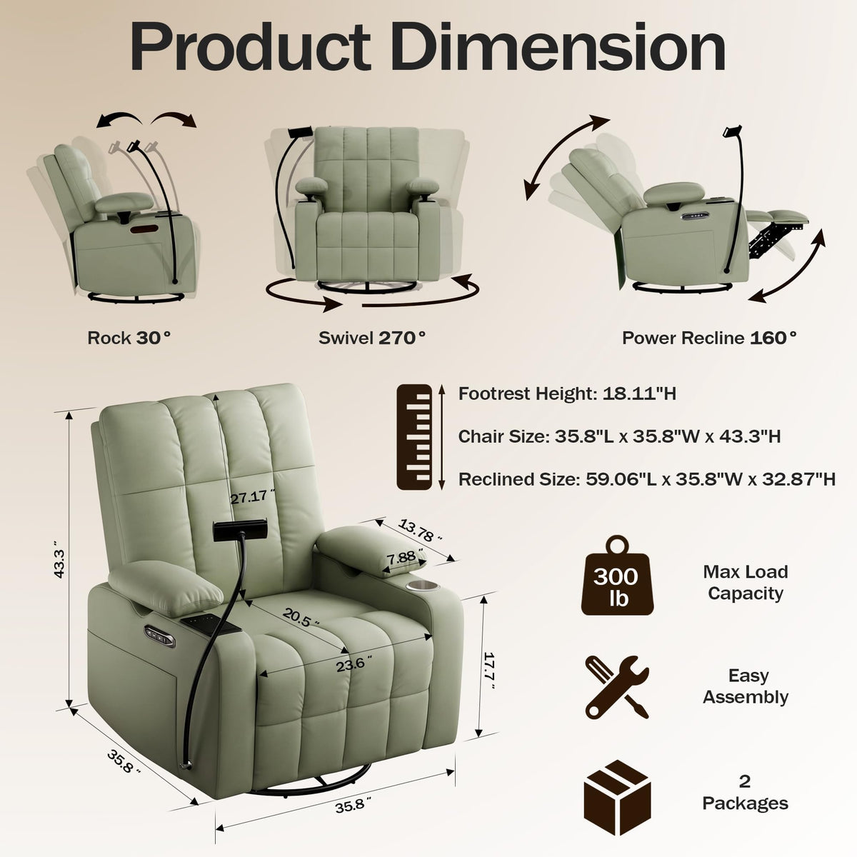 AILEEKISS Power Glider Recliner Nursery w/ Adjustable Armrest Lumbar Headrest Charging Night Light Smart Cup Holder, Oversized Swivel Rocker, Nursing Rocking Chair for Breastfeeding Living Room