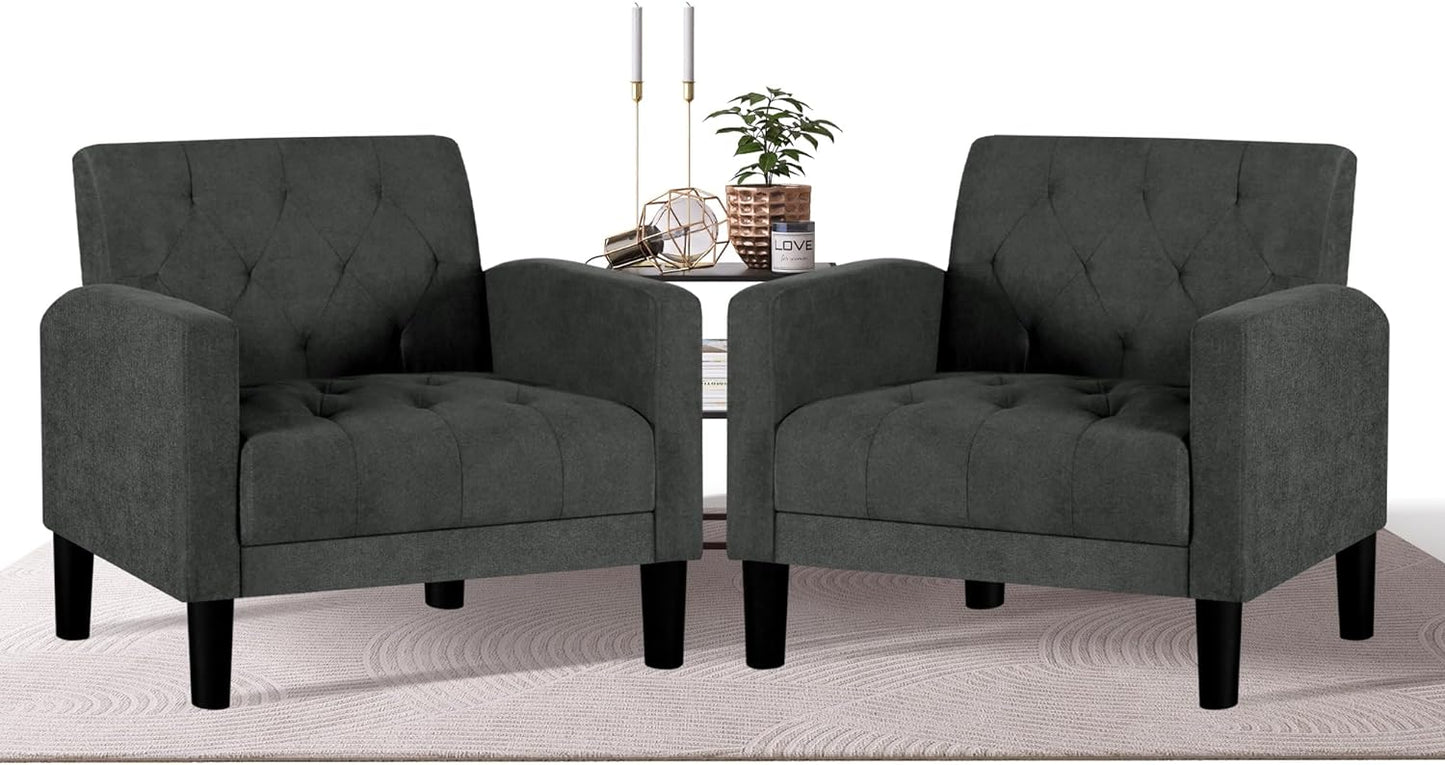 TYBOATLE Accent Chairs Set of 2, Comfy Living Room Chairs Cozy Reading Chair Tufted Mid Century Arm Chair Small Salon Chair for Living Room, Bedroom Office Chair (Dark Grey, Set of 2)