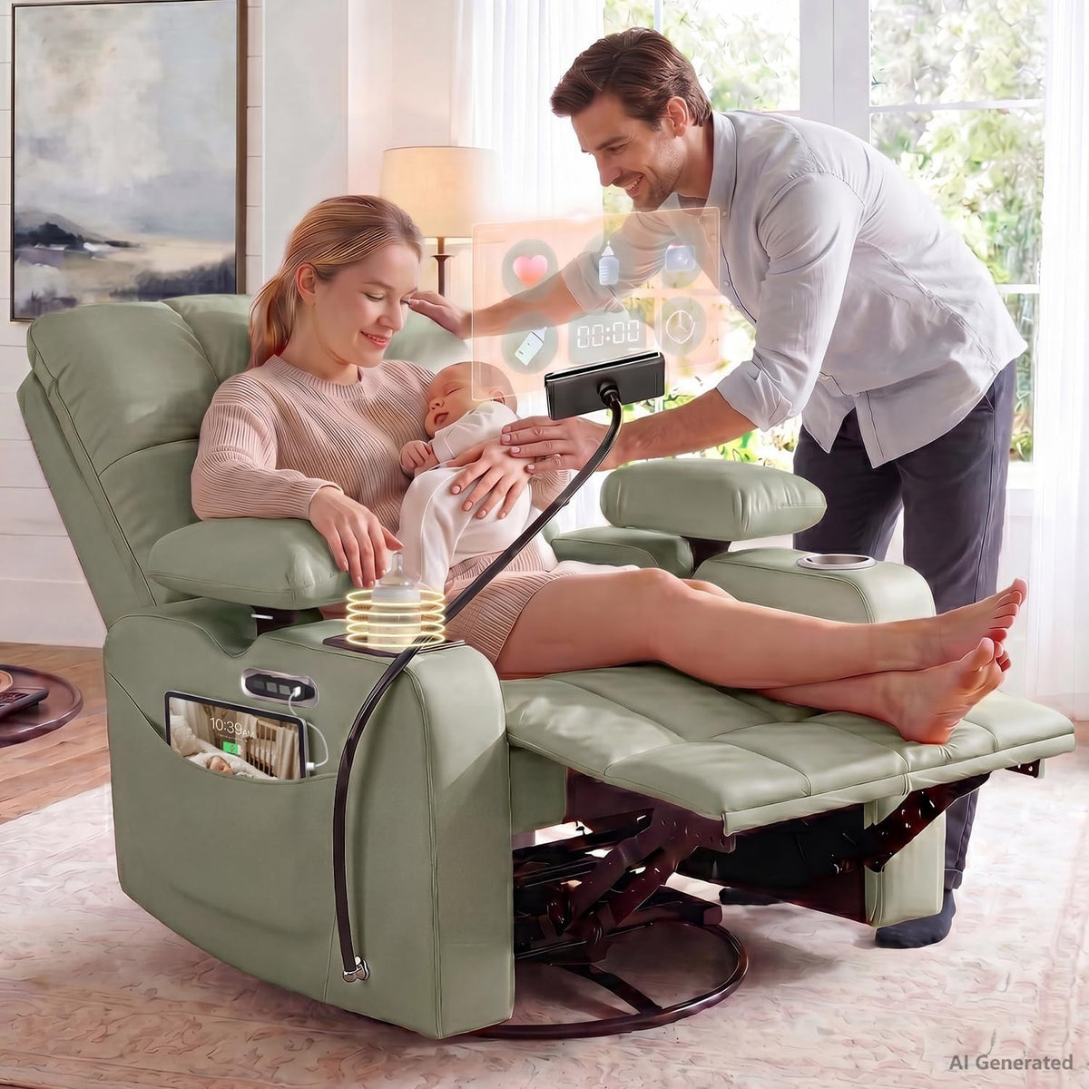 AILEEKISS Power Glider Recliner Nursery w/ Adjustable Armrest Lumbar Headrest Charging Night Light Smart Cup Holder, Oversized Swivel Rocker, Nursing Rocking Chair for Breastfeeding Living Room