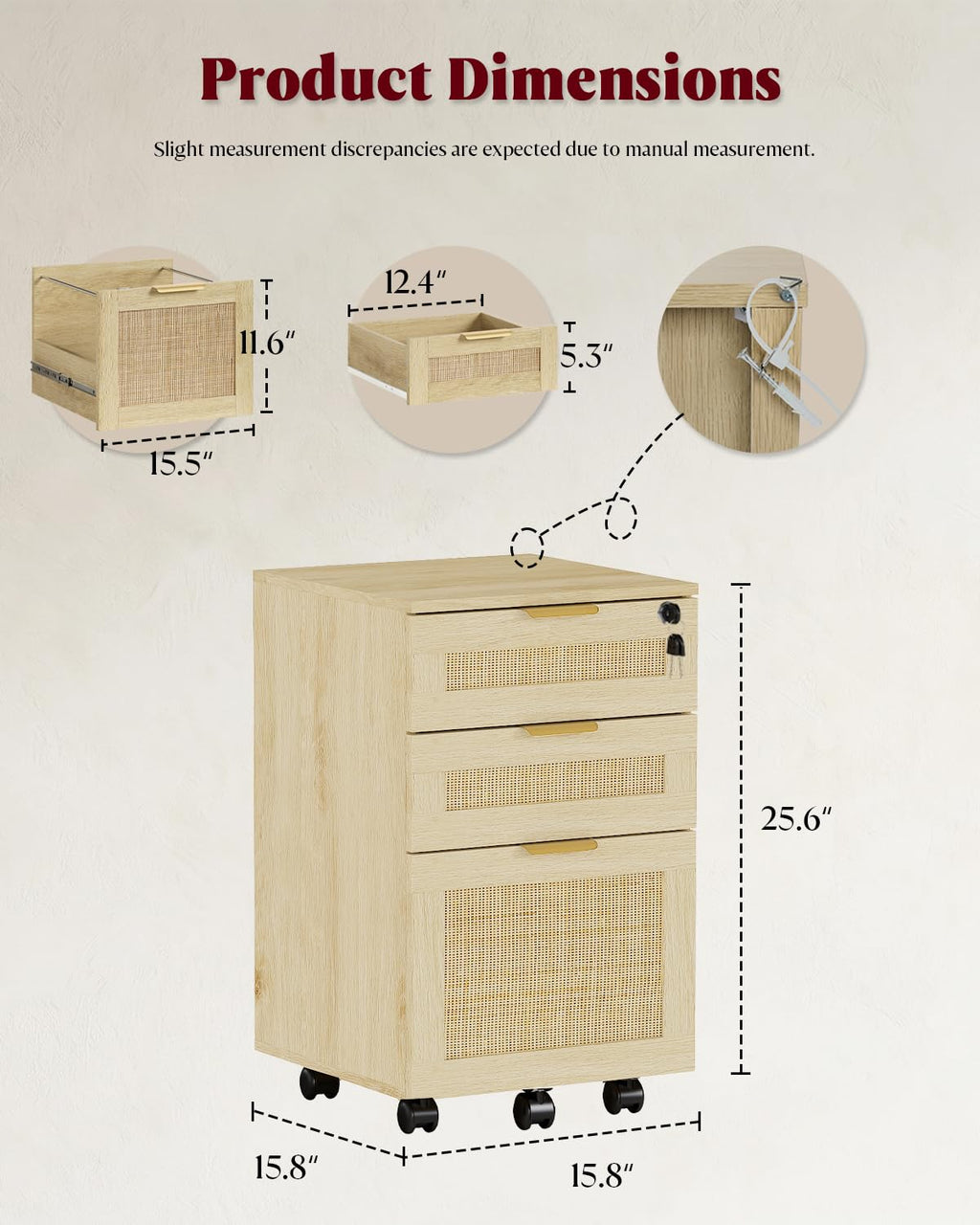 HOPUBUY 3 Drawer File Cabinet with Lock, Small Rattan Filing Cabinets with Wheels, Wood Rolling Office Storage for Under Desk Home Office,Natural