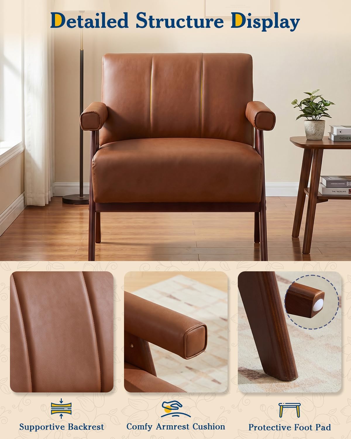 Mid Century Modern Brown Faux Leather Living Room Furniture Set of 2 AODAILIHB Solid Wood Frame Upholstered Office Couch & Accent Chair With Wooden Arm For Waiting Room,Bedroom,Dorm,Classroom