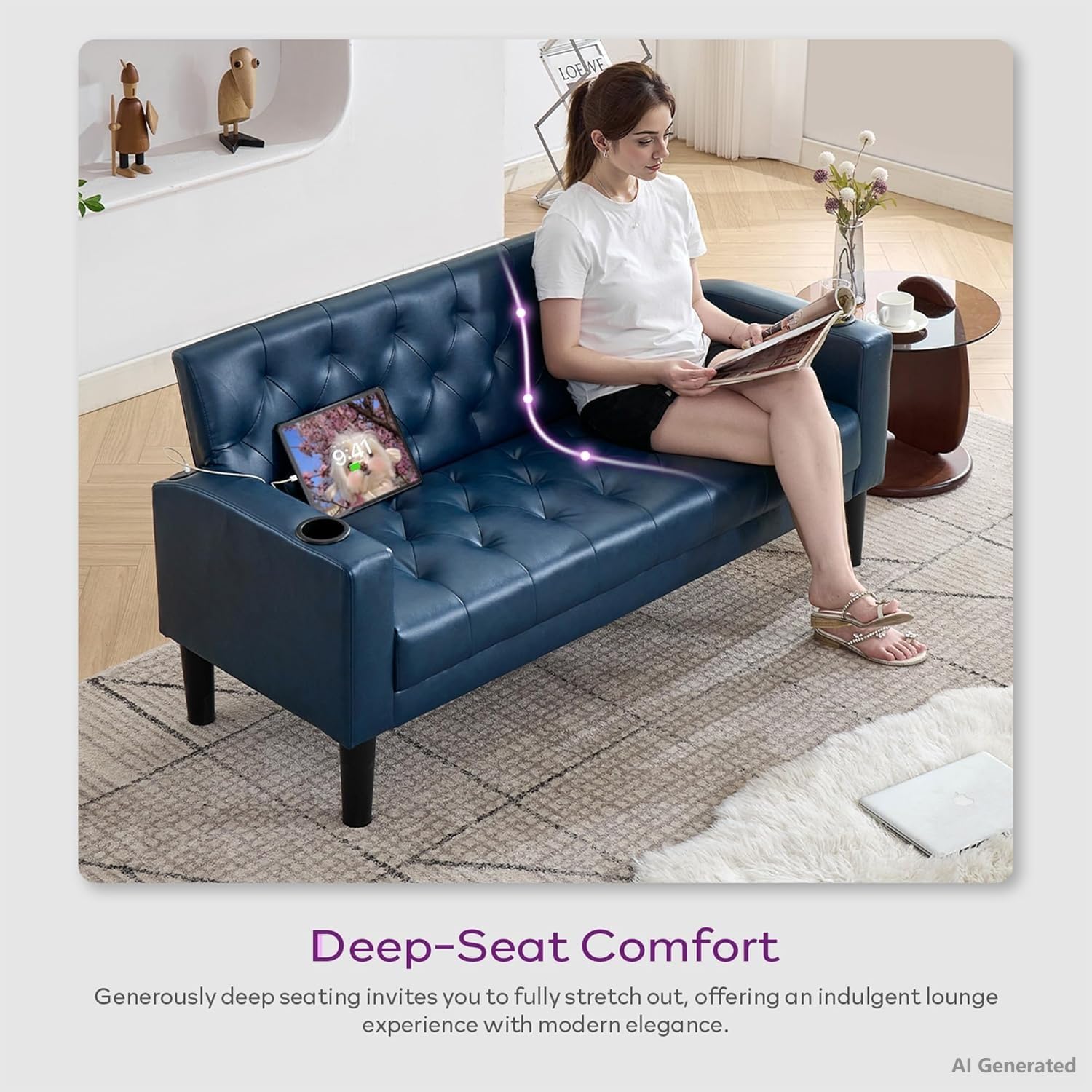 Blue 3-Piece Loveseat Sofa Set with 2 Chairs and USB, Living Room Furniture