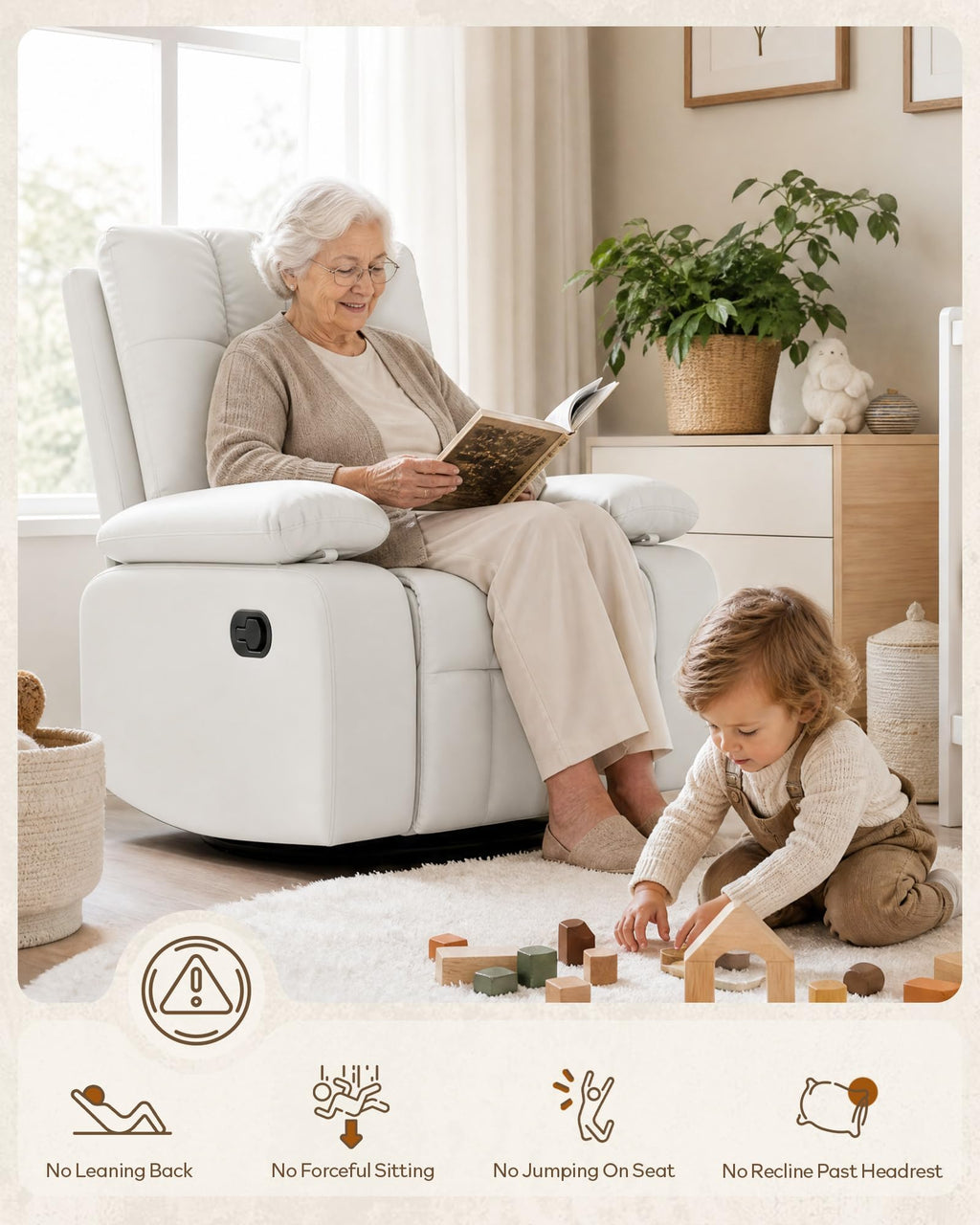AILEEKISS  Manual Nursery Rocking Chair w/Adjustable Armrests,White Modern Upholstered Nursing Recliner with 360° Swivel Glider & Quiet Rocking for Breastfeeding Bedroom Living Room