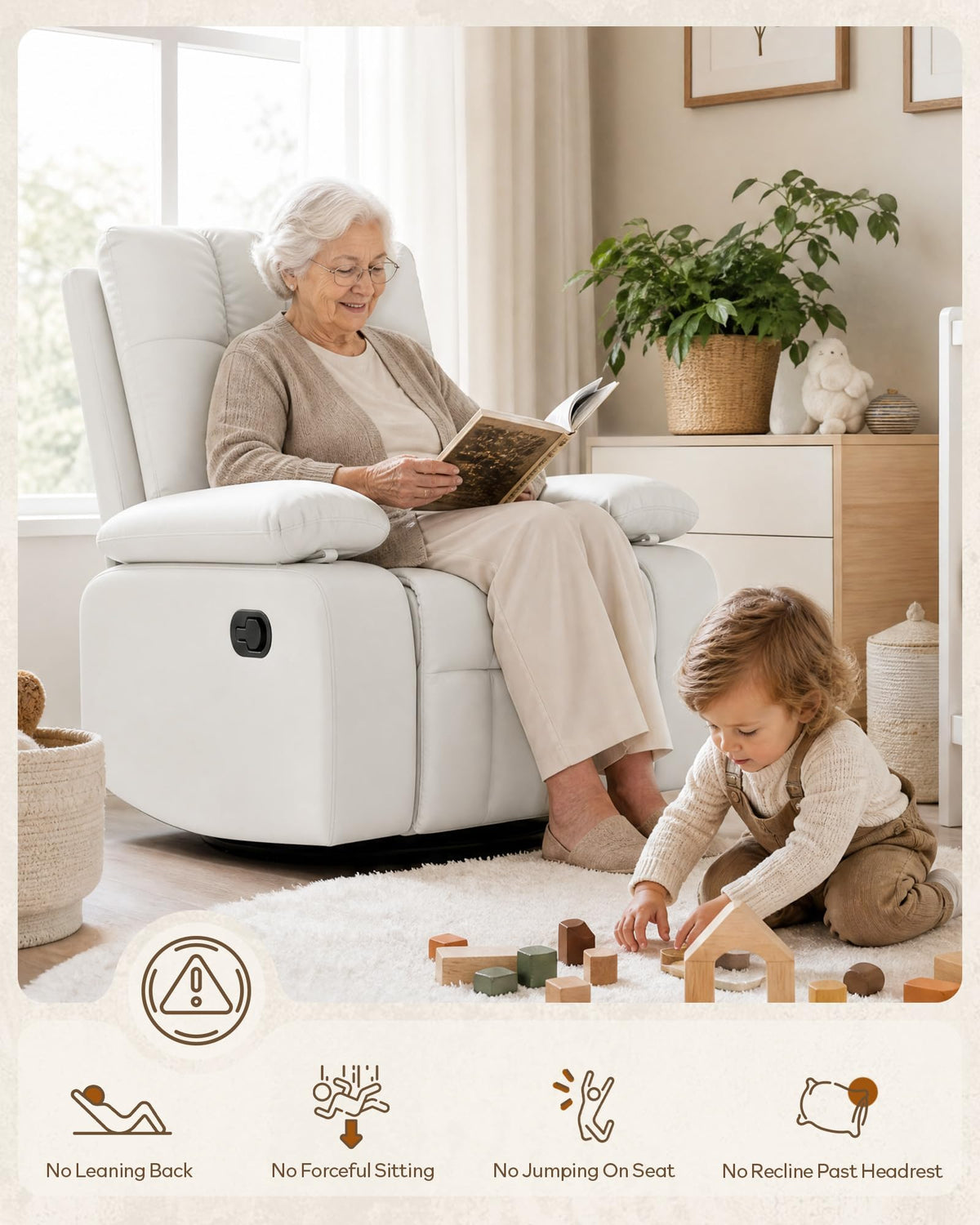 AILEEKISS  Manual Nursery Rocking Chair w/Adjustable Armrests,White Modern Upholstered Nursing Recliner with 360° Swivel Glider & Quiet Rocking for Breastfeeding Bedroom Living Room