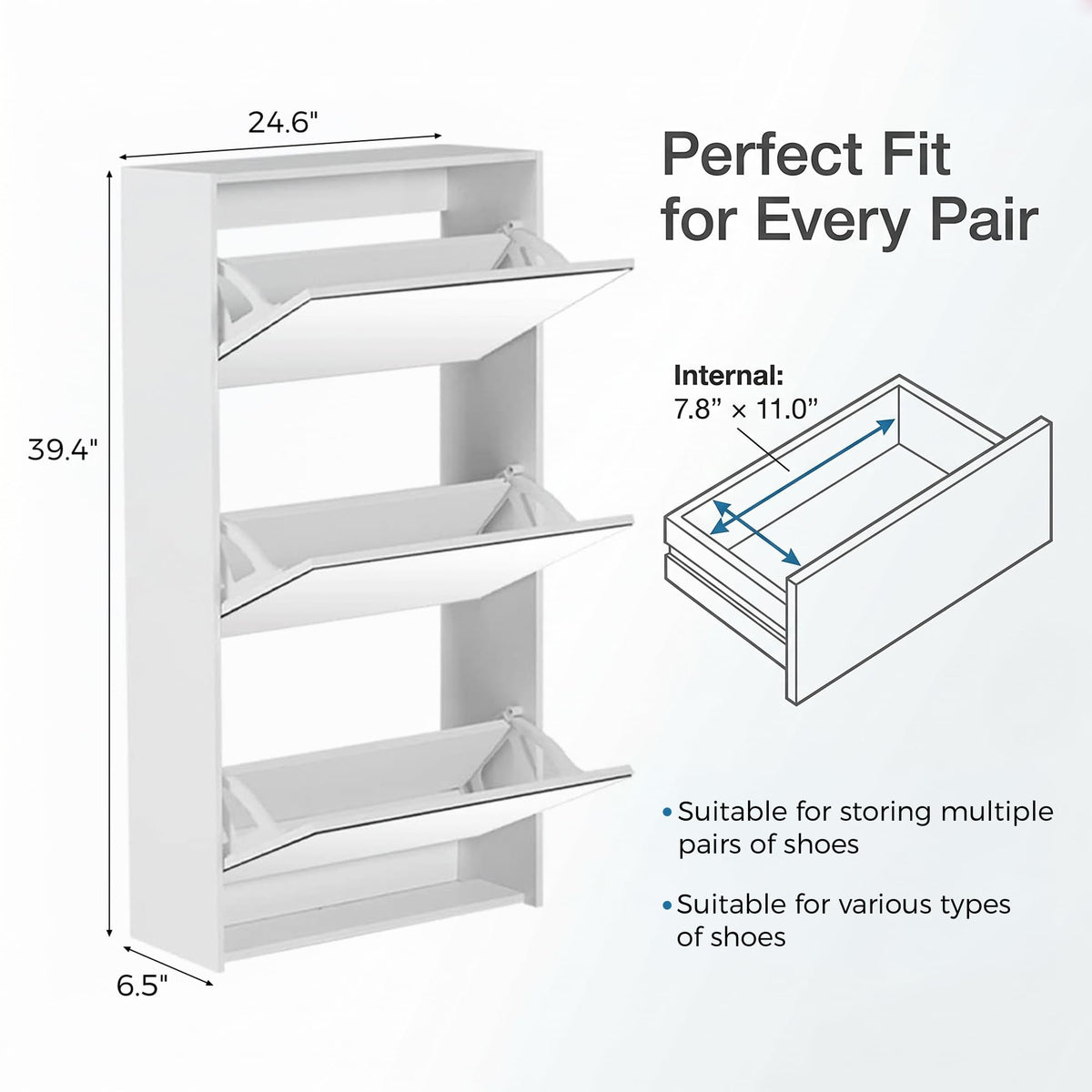 HOPUBUY Shoe Cabinet for Entryway, Narrow Shoe Storage with 3 Flip Drawers Wood Slim Shoe Rack, 3 Tier Thin Shoe Organizer for Home and Apartment, Mirror