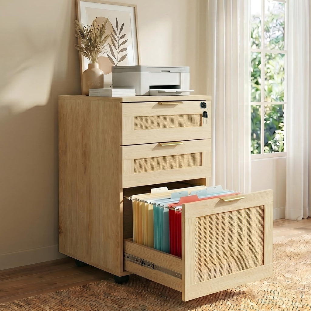 HOPUBUY 3 Drawer File Cabinet with Lock, Small Rattan Filing Cabinets with Wheels, Wood Rolling Office Storage for Under Desk Home Office,Natural