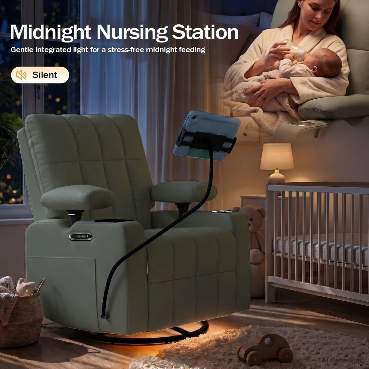 AILEEKISS Power Glider Recliner Nursery w/ Adjustable Armrest Lumbar Headrest Charging Night Light Smart Cup Holder, Oversized Swivel Rocker, Nursing Rocking Chair for Breastfeeding Living Room