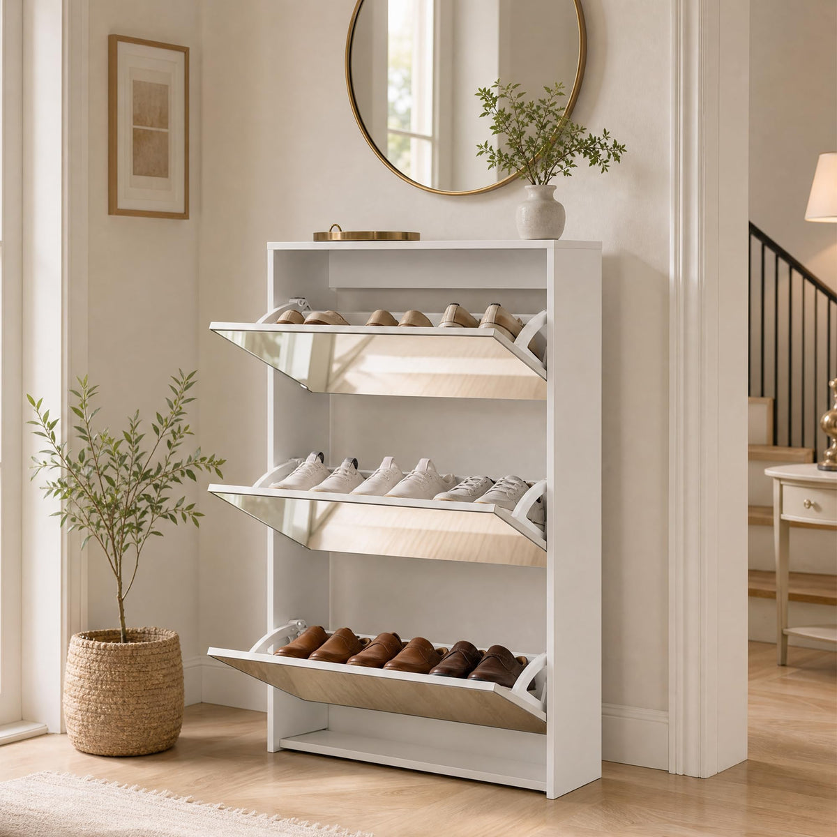 HOPUBUY Shoe Cabinet for Entryway, Narrow Shoe Storage with 3 Flip Drawers Wood Slim Shoe Rack, 3 Tier Thin Shoe Organizer for Home and Apartment, Mirror