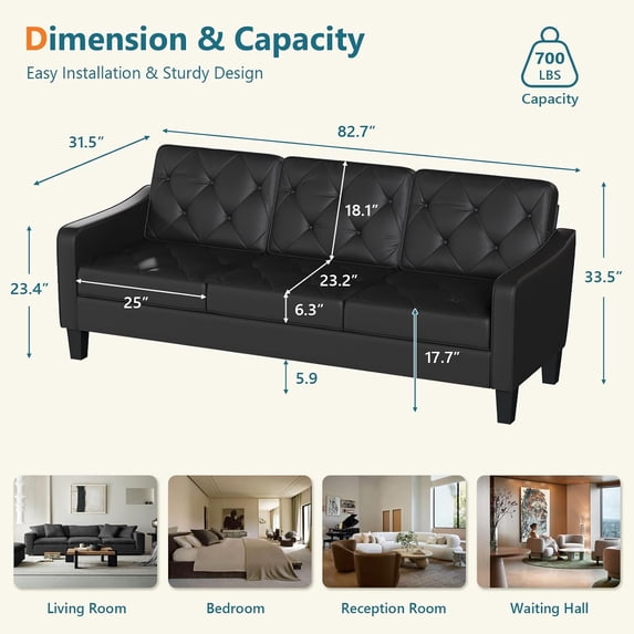 LAZZO 83" 3-Seater Couch, Faux Leather Tufted Design with High-Resilience Foam for Living Room and Office, Black