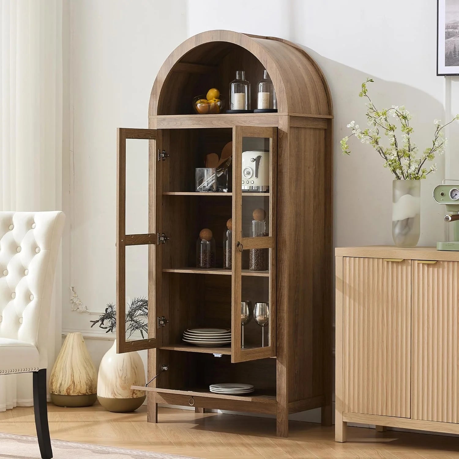 LAZZO 71" Tall Arched Pantry Cabinet with Glass Door & Drawer, Storage Cupboard with Anti-Tipping Device, Natural Wood Color