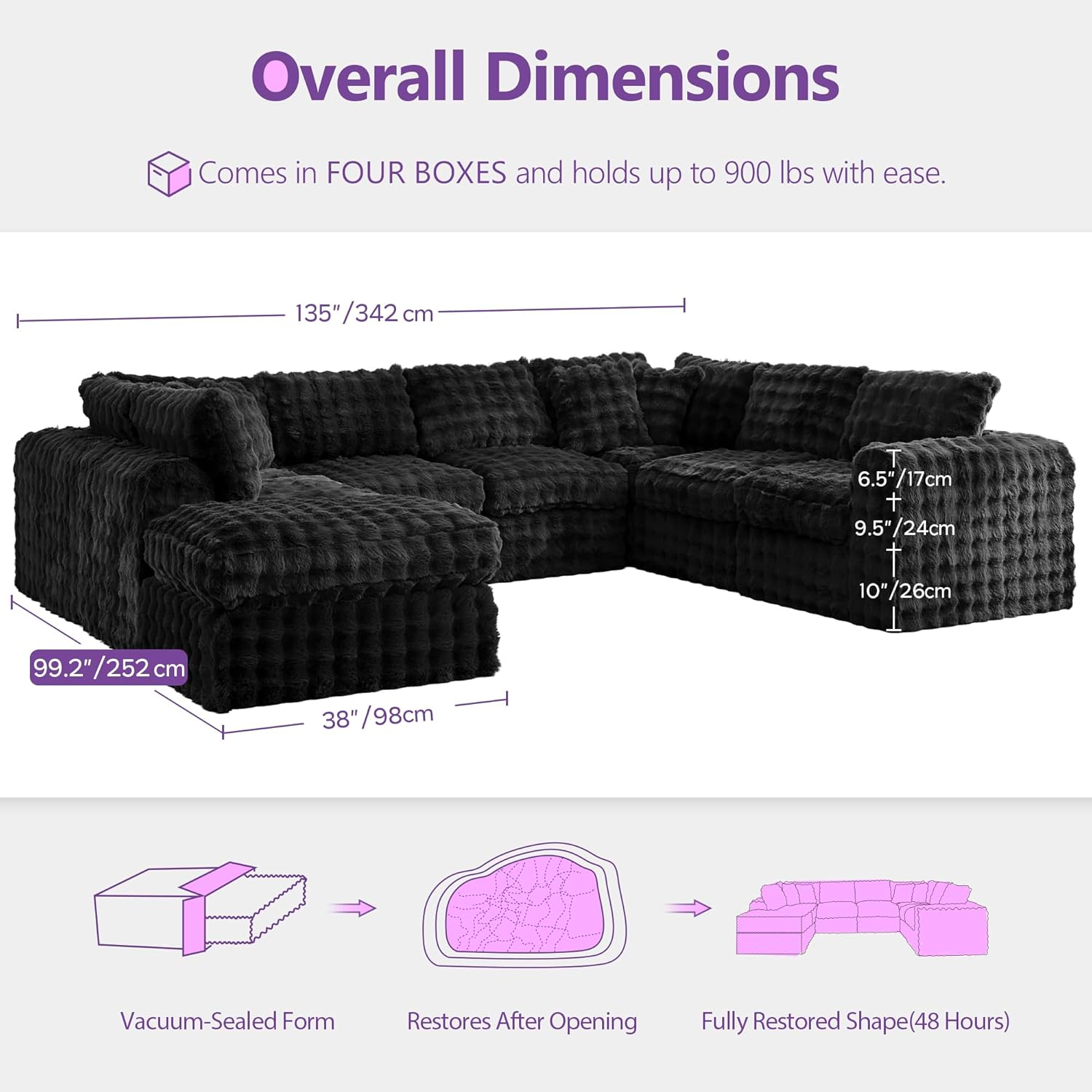 TYBOATLE 135’’ Boneless Slow-Rebound Memory Foam Couch, Cloud Sectional Couches for Living Room w/Upgraded Fabric, Deep Seat Comfy Fluffy U Shaped Modular Sectional Sofa w/Chaise (Black, 8U)