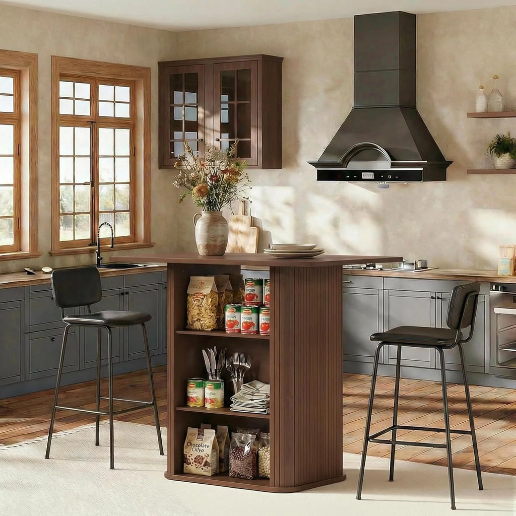 LAZZO 43.5" Kitchen Island with Storage, 3-Tier Farmhouse Counter Height Table, Rustic Wood Coffee Bar Table for Kitchen & Dining Room, Walnut