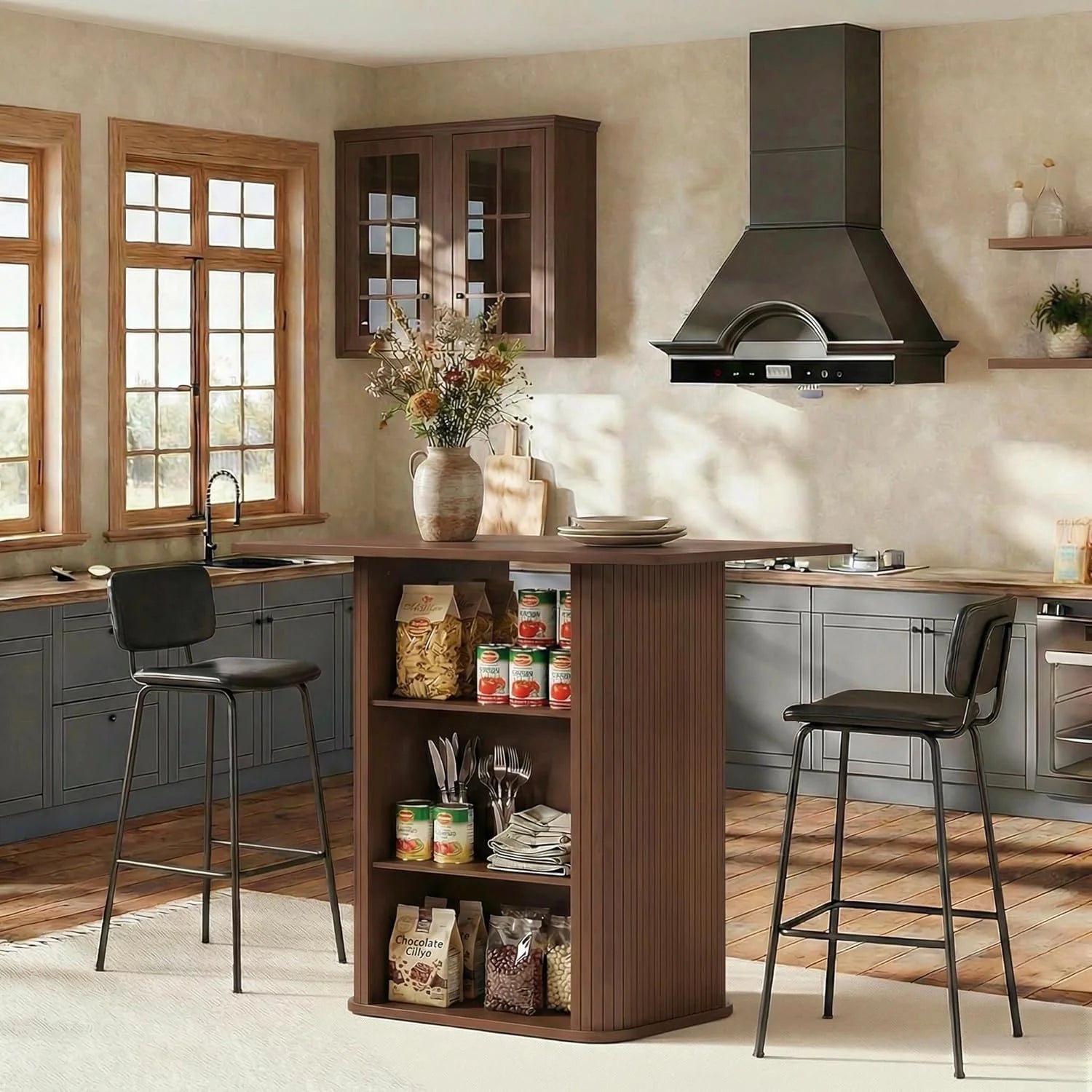 LAZZO 43.5" Kitchen Island with Storage, 3-Tier Farmhouse Counter Height Table, Rustic Wood Coffee Bar Table for Kitchen & Dining Room, Walnut