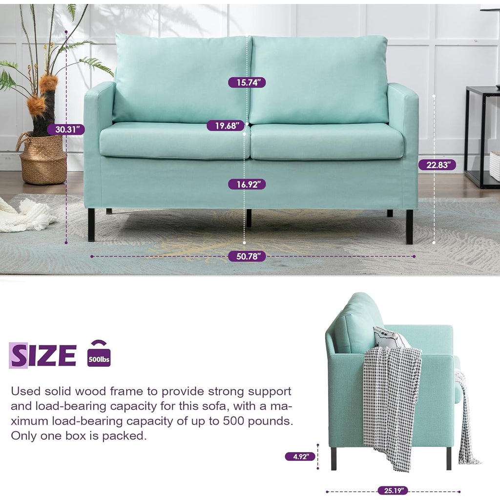 LAZZO 51" Loveseat Sofa for Small Spaces, Modern 2-Seater Linen Fabric Couch for Bedroom and Office, Blue