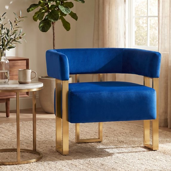 LAZZO Barrel Accent Chair, Mid-Century Modern Teddy Fleece Upholstered Armchair with Gold Metal Legs, Blue