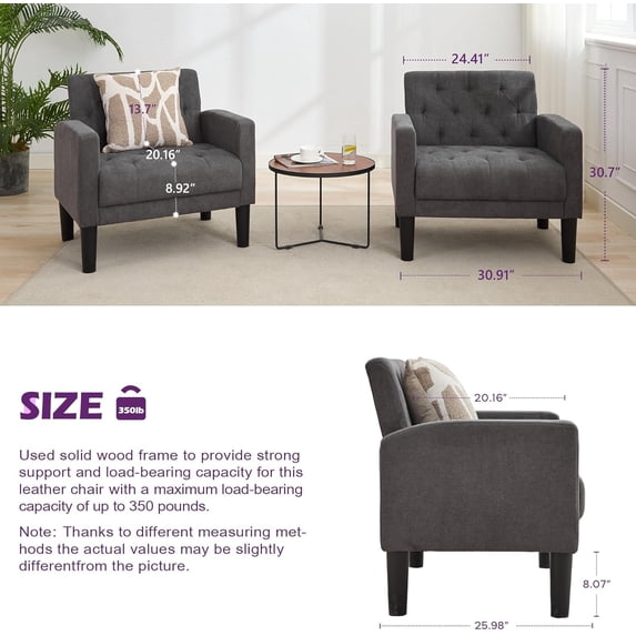 LAZZO Accent Chair Set of 2, Mid-Century Modern Linen Tufted Armchairs for Living Room and Office, Dark Gray