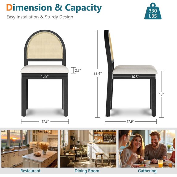 LAZZO Dining Chairs Set of 2, Farmhouse Upholstered Rattan Chairs with Chenille Seat for Kitchen Dining Room, Black