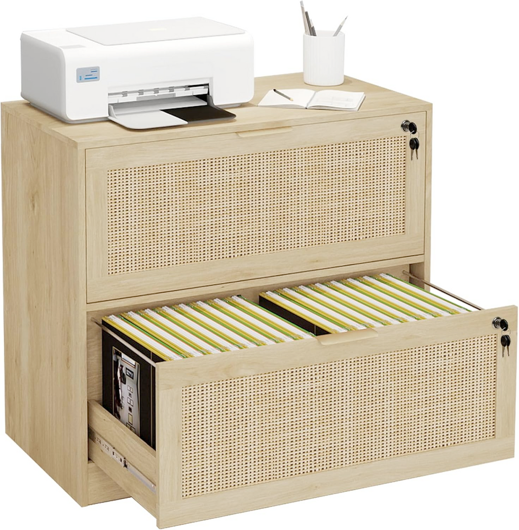 HOPUBUY 2 Drawer File Cabinet with Lock, Printer Stand Lateral Filing Cabinets for Home Office and School, Wood Rattan File Cabinet for Hanging Files/Letter/Legal/A4/F4 Size, Oak