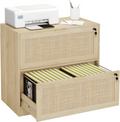 HOPUBUY 2 Drawer File Cabinet with Lock, Printer Stand Lateral Filing Cabinets for Home Office and School, Wood Rattan File Cabinet for Hanging Files/Letter/Legal/A4/F4 Size, Oak