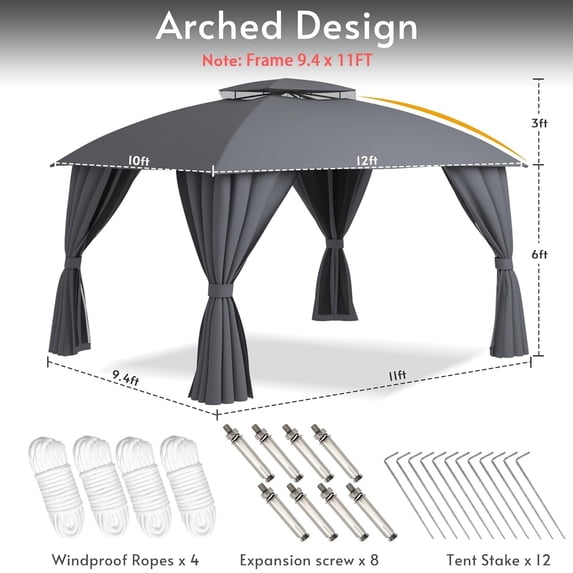 LAZZO 10'x12' Outdoor Gazebo with Built-in LED Light, Double Roof Metal Frame Patio Canopy with Mosquito Netting & Privacy Screens, Gray