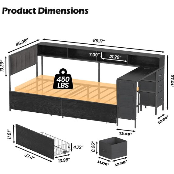 LAZZO Twin Corner Bed Frame with Storage,Twin Size Bed Frame with LED Lights and Charging Station, Daybed Frame with Upholstered Headboard, Black