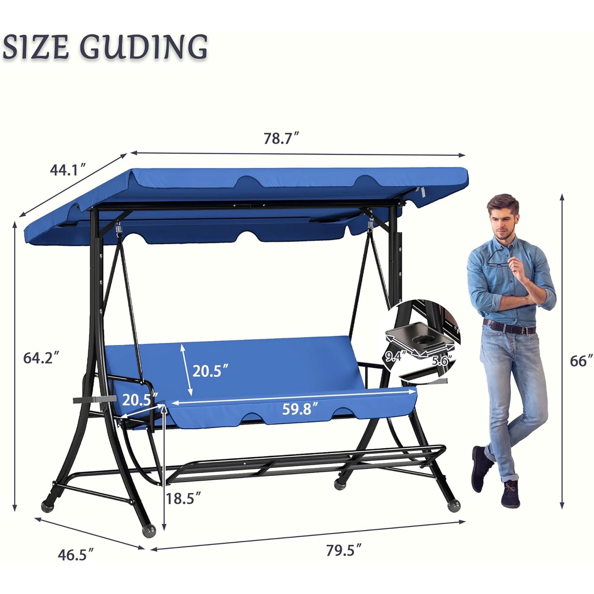 LAZZO 3-Seat Outdoor Porch Swing with Stand and Footrest, Reclining Lounge Bed Convertible, Adjustable Canopy & Removable Cushions, Blue