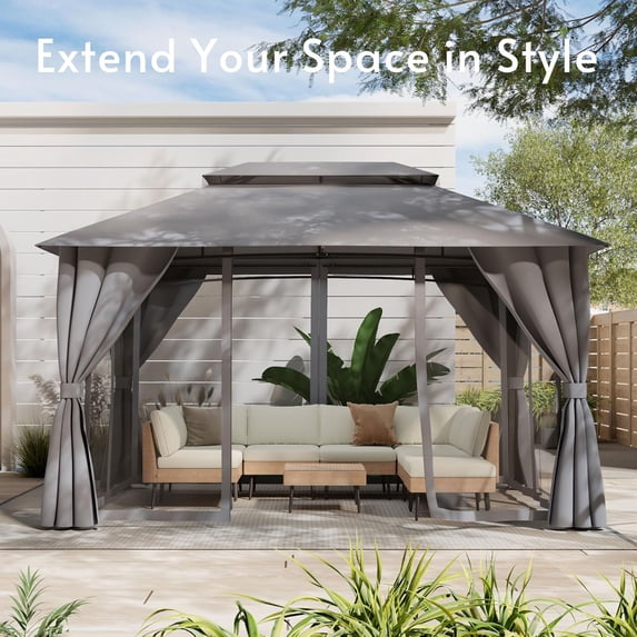LAZZO 10'x13' Outdoor Gazebo, Double Roof Metal Frame Patio Canopy with Mosquito Netting & Privacy Screens, Gray