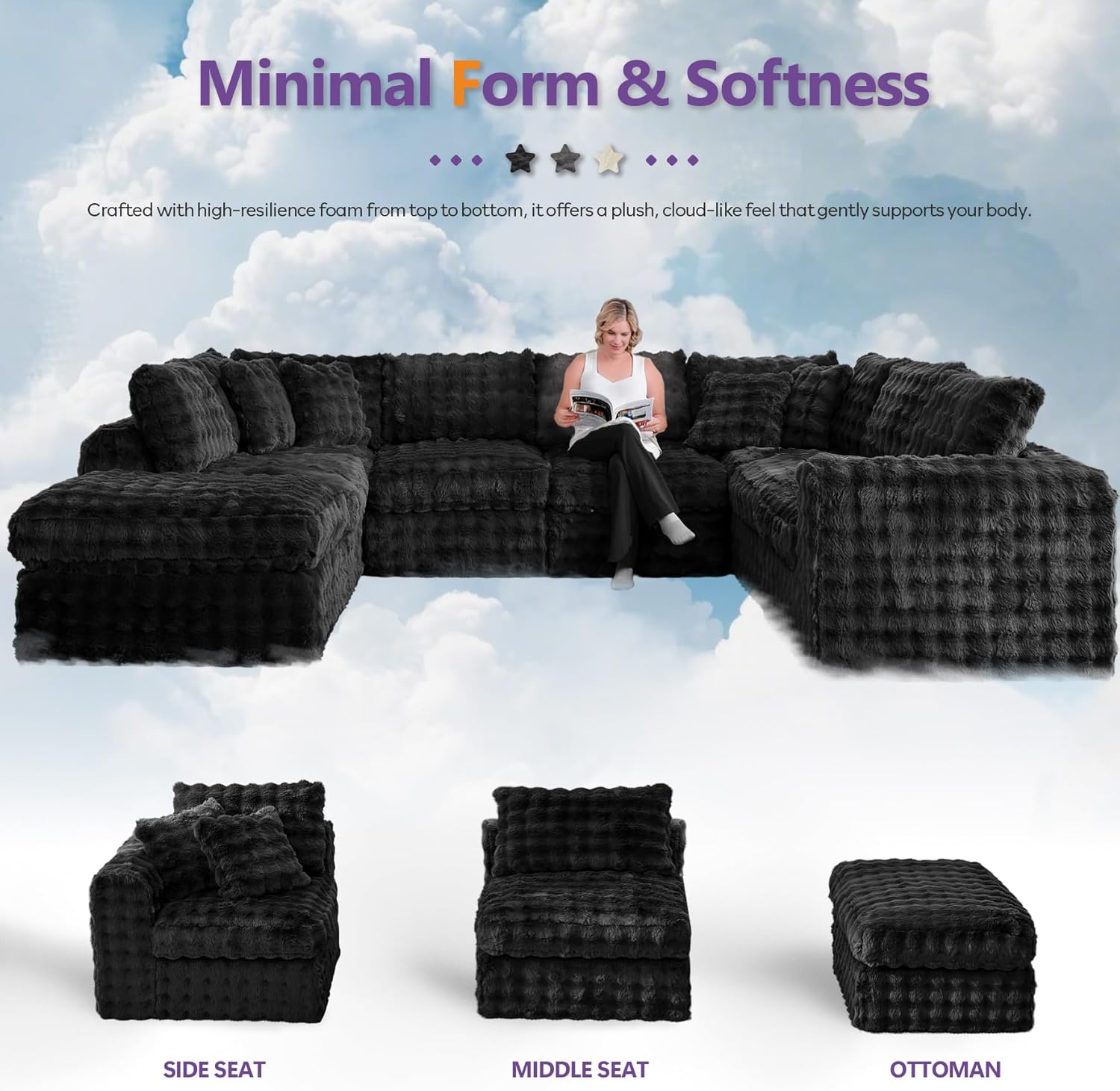 TYBOATLE 135’’ Boneless Slow-Rebound Memory Foam Couch, Cloud Sectional Couches for Living Room w/Upgraded Fabric, Deep Seat Comfy Fluffy U Shaped Modular Sectional Sofa w/Chaise