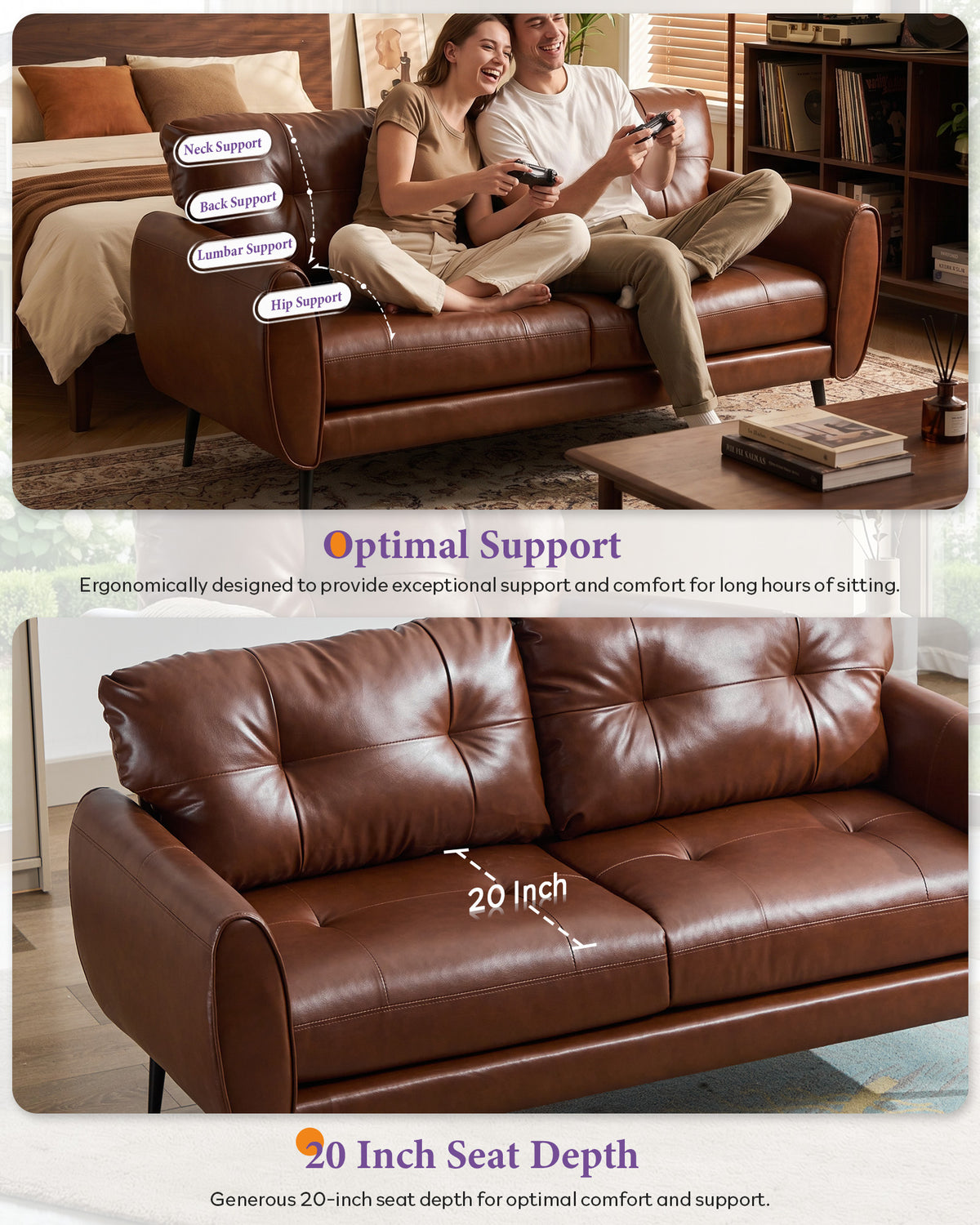 TYBOATLE 3 Piece Living Room Sets, Small Leather Loveseat and Chairs, Brown