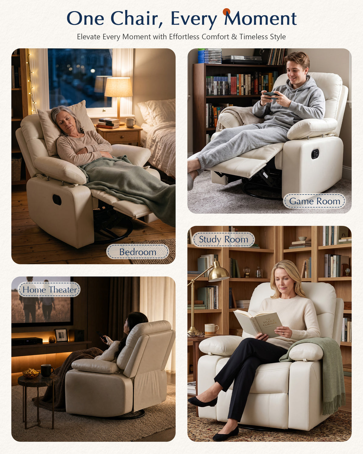 AODAILIHB Recliner Chair w/Adjustable Armrests for Adults White,360° Swivel, 30° Rocker, 135° Recline, Comfy White Leather Nursing Reclining Sofa Chair for Living Room, RV