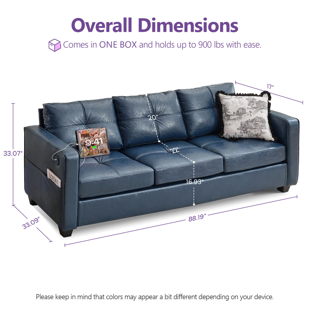 TYBOATLE Faux Leather Couch w/Side Pockets, Mid-Century Modern Tufted Comfy Leather Couches w/USB and Wider Arms, 3 Seater Sofa for Office, Apartment, Bedroom, Blue