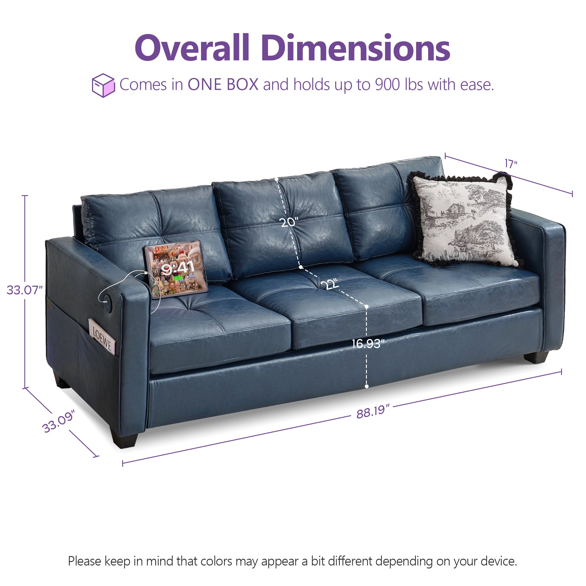 TYBOATLE Faux Leather Couch w/Side Pockets, Mid-Century Modern Tufted Comfy Leather Couches w/USB and Wider Arms, 3 Seater Sofa for Office, Apartment, Bedroom, Blue