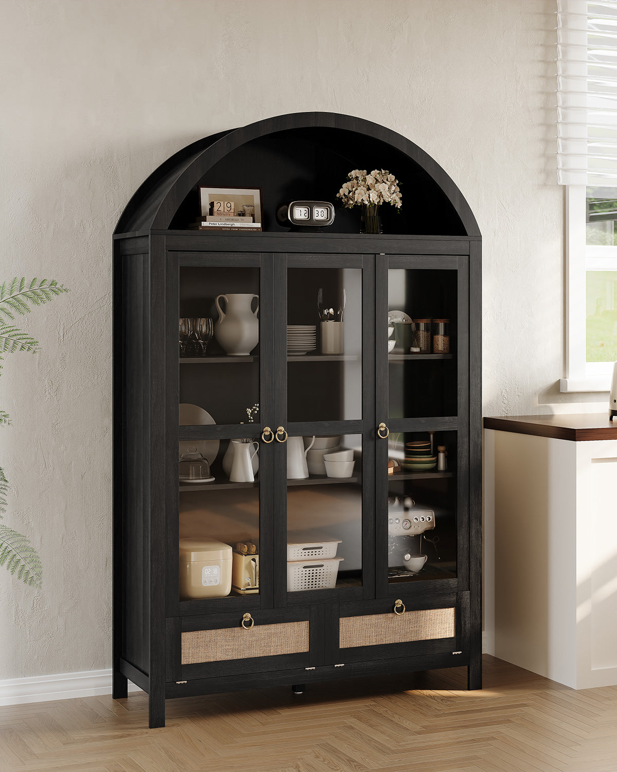 TYBOATLE 75'' Arched Cabinet Classic Farmhouse Design w/Three Glass Doors, Arch Cabinet w/Rattan Drawers and Anti-Tipping Device, Versatile Cupboard for Kitchen, Bathroom, Black