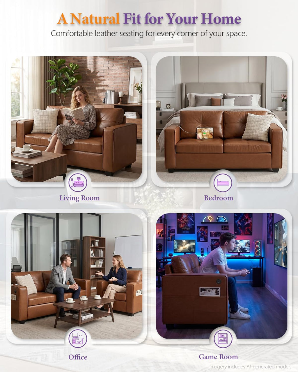 TYBOATLE 65" Faux Leather Love Seat Sofa for Living Room, Modern Tufted Comfy Loveseat w/USB Charging Ports and Wide Arms, 2 Seater Office Small Couch for Small Space Bedroom, Brown
