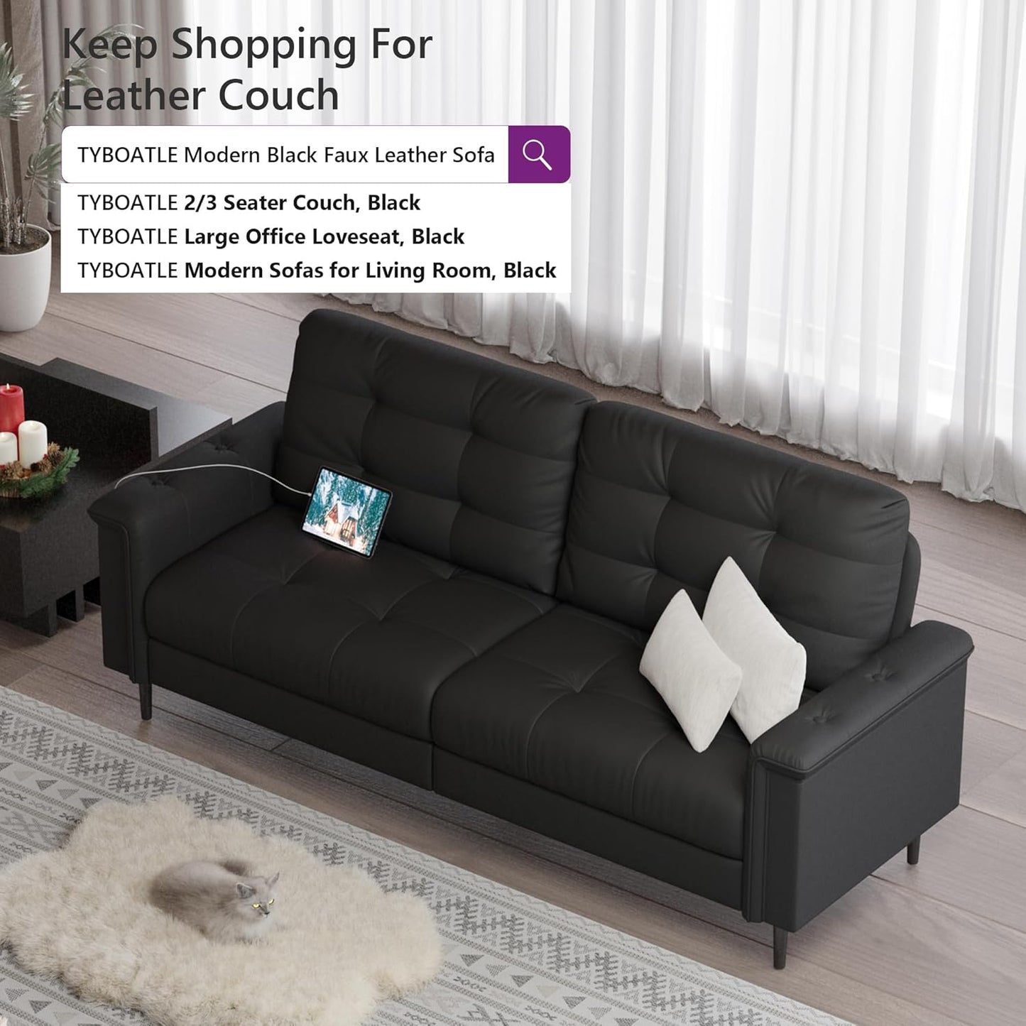 TYBOATLE 85" W Black Faux Leather Sofa Couches for Living Room, Mid-Century Modern Tufted Comfy Small Loveseat w/USB and Wide Arms, 2/3 Seater Office Couch for Small Space Apartment Bedroom Furniture