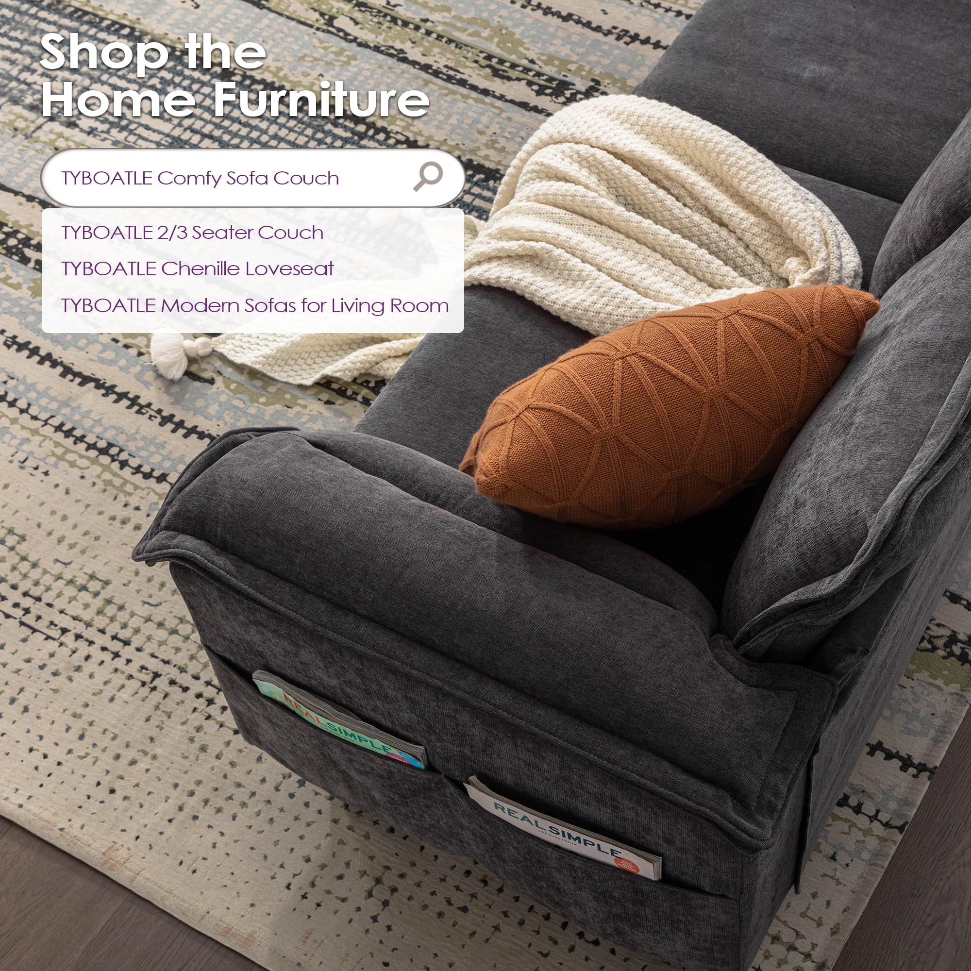 TYBOATLE 85" W Living Room Couch, Comfy Mid-Century Modern Grey Couch w/2 USB Charger & Wide Arms, 3 Seater Sofa w/2 Side Pockets for Apartment, Bedroom, Office