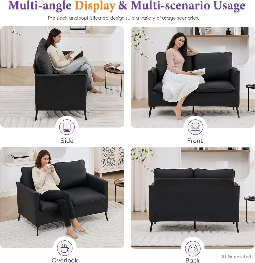 TYBOATLE Leather Loveseat Sofa and Accent Chair Set (Black, 2) | Comfy, 2 Pillows, Mid-Century Modern, Small Spaces, 2 Pieces Living Room Furniture Sets