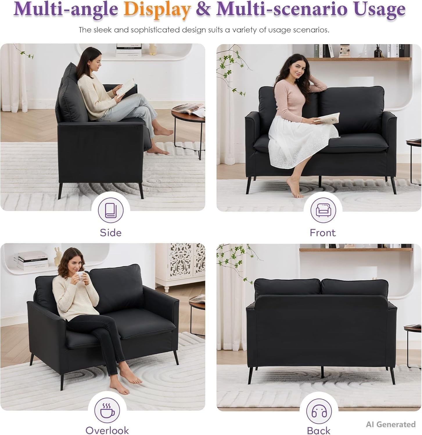 TYBOATLE Leather Loveseat Sofa and Accent Chair Set (Black, 2) | Comfy, 2 Pillows, Mid-Century Modern, Small Spaces, 2 Pieces Living Room Furniture Sets