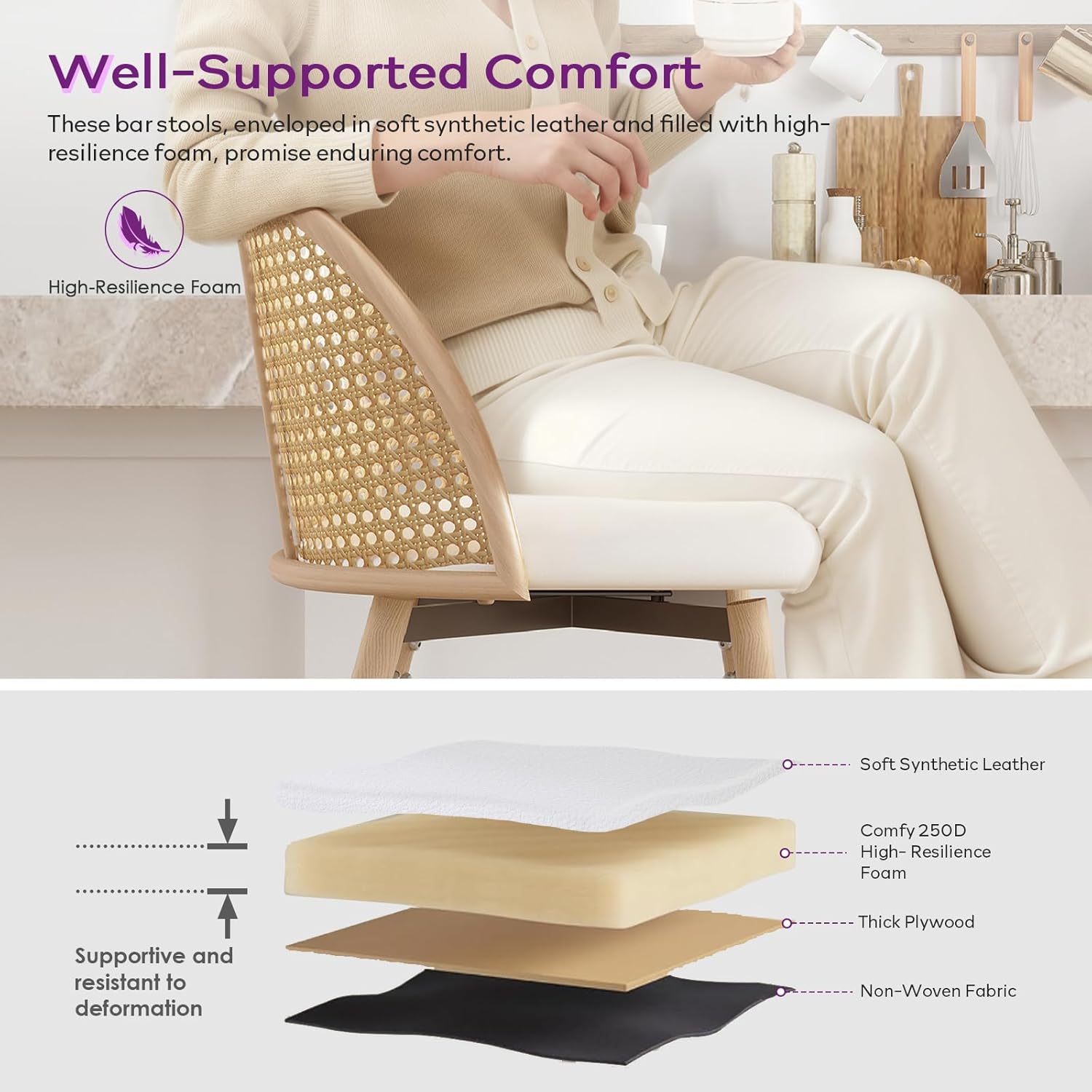 TYBOATLE 26'' BarStools Set of 4 w/Rattan Backrest, Swivel Counter Height Bar stools w/Metal Legs, Modern Mid-Century Boho Bar stools with Faux Leather for Kitchen Island, Dining Room, White