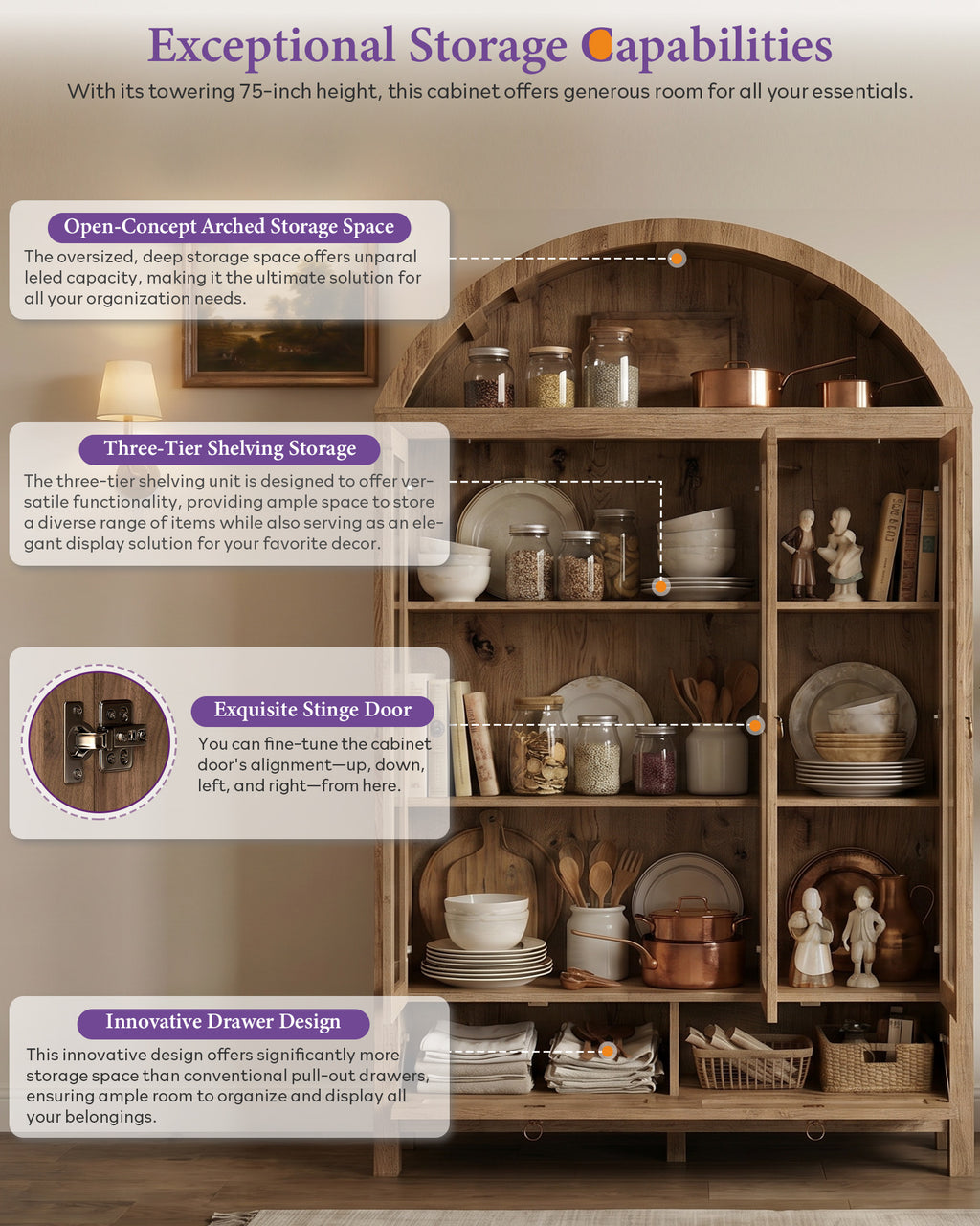 75'' Arched Cabinet, Arch Storage Cabinet w/Power Strip Kitchen, Natrual | TYBOATLE, Farmhouse Pantry Cabinet, Open Shelves, Soft-Close Doors, Anti-Tip Device, X-Frame Doors, Coffee Bar Storage