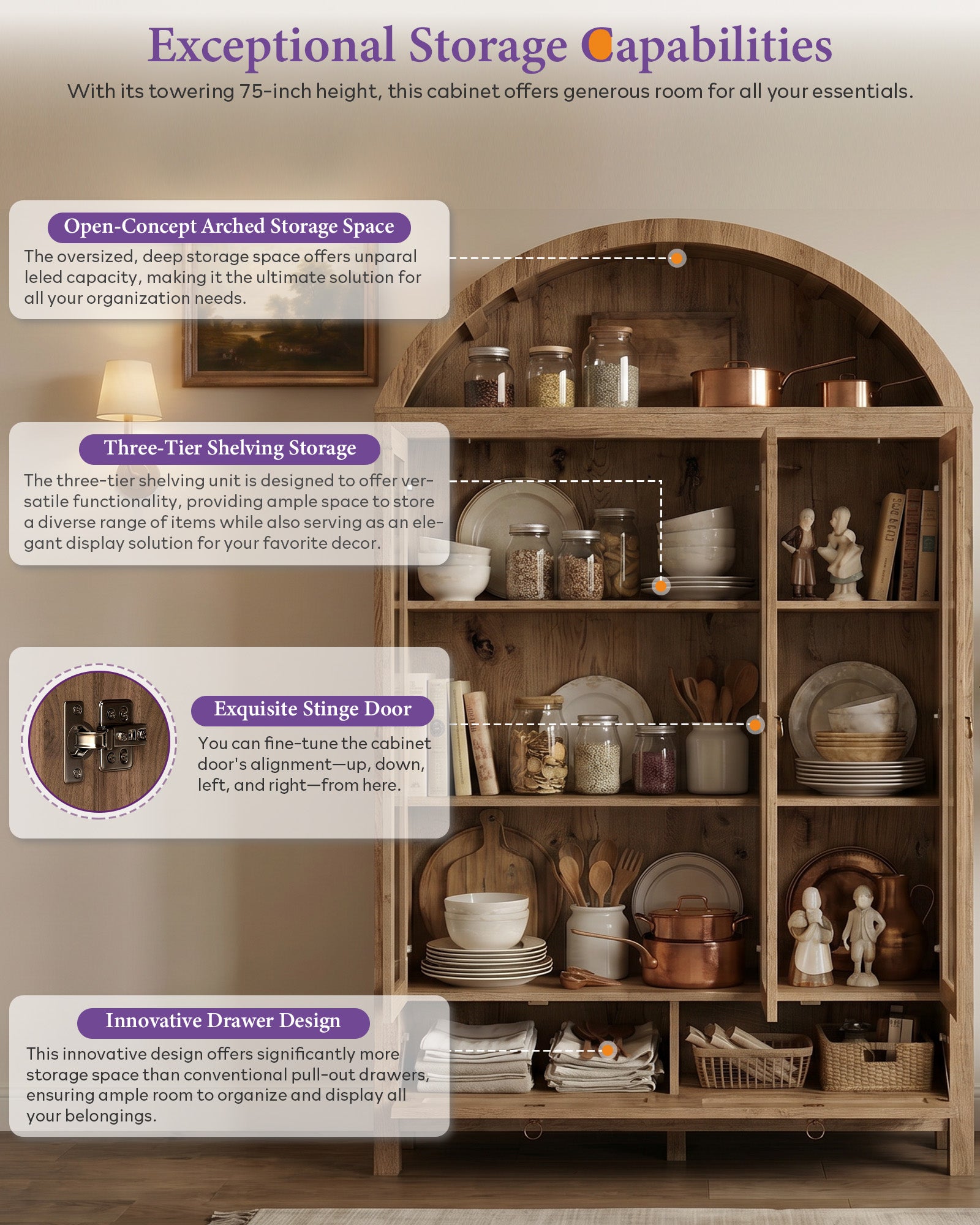 75'' Arched Cabinet, Arch Storage Cabinet w/Power Strip Kitchen, Natrual | TYBOATLE, Farmhouse Pantry Cabinet, Open Shelves, Soft-Close Doors, Anti-Tip Device, X-Frame Doors, Coffee Bar Storage
