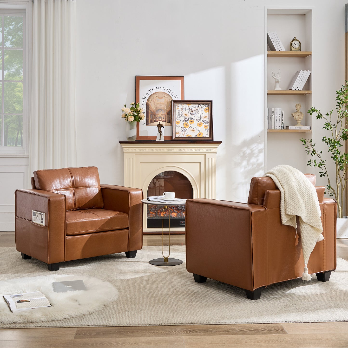TYBOATLE Brown Faux Leather Accent Chair, Comfy Living Room Chair Reading Oversized Accent Chairs Tufted Mid Century Modern Arm Chair, 38.58" Wide Armchair for Office Bedroom Lobby