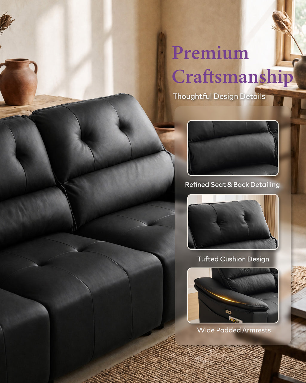 Electric Reclining Sectional Couch, Power Recliner Sofa w/USB & Type-C Charging Ports and Cup Holders, Leather Reclining Sofa for Living Room, Home Theater