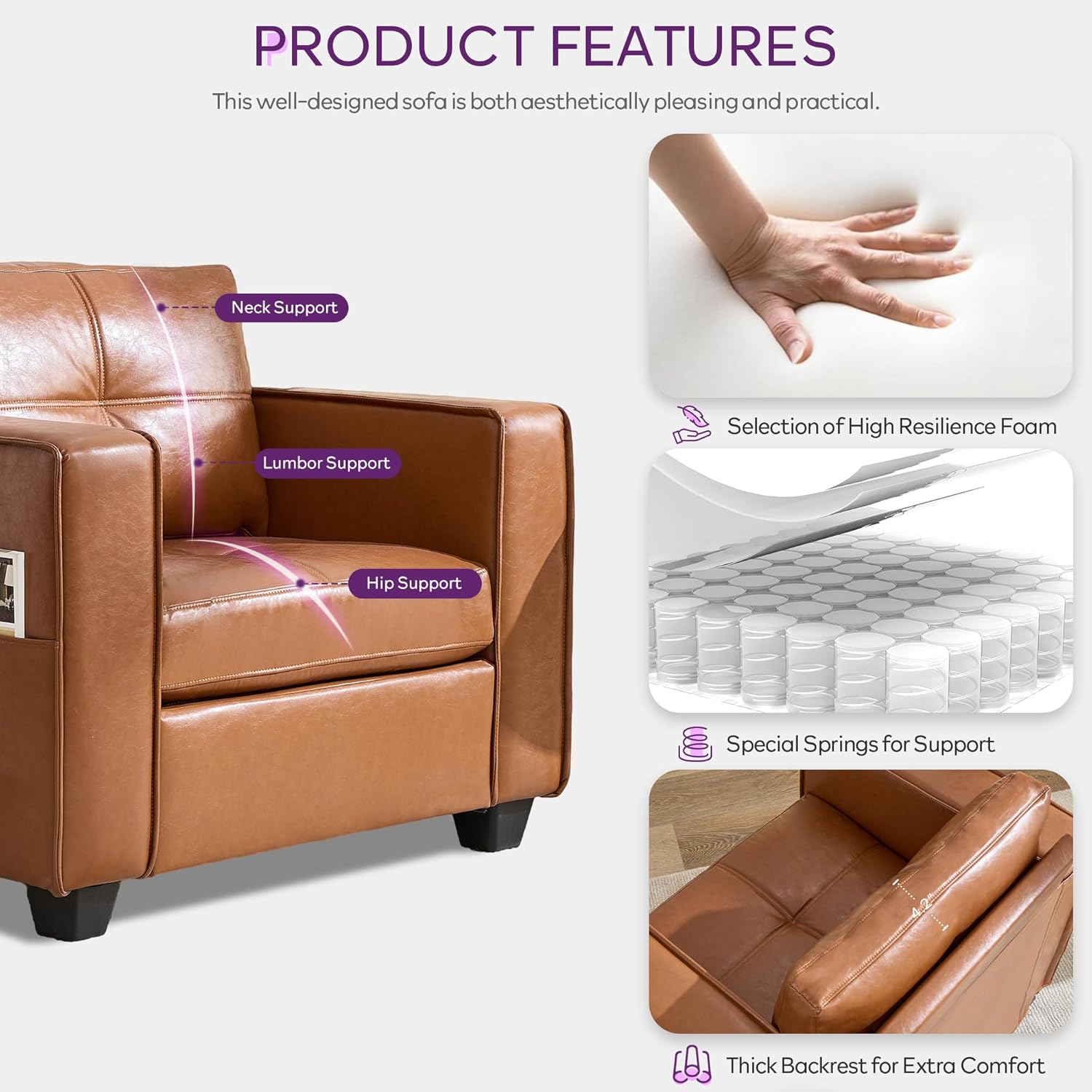 TYBOATLE Brown Faux Leather Accent Chair Set of 2, Comfy Living Room Chair Reading Oversized Accent Chairs Tufted Mid Century Modern Arm Chair, 38.58" Wide Armchair for Office Bedroom Lobby