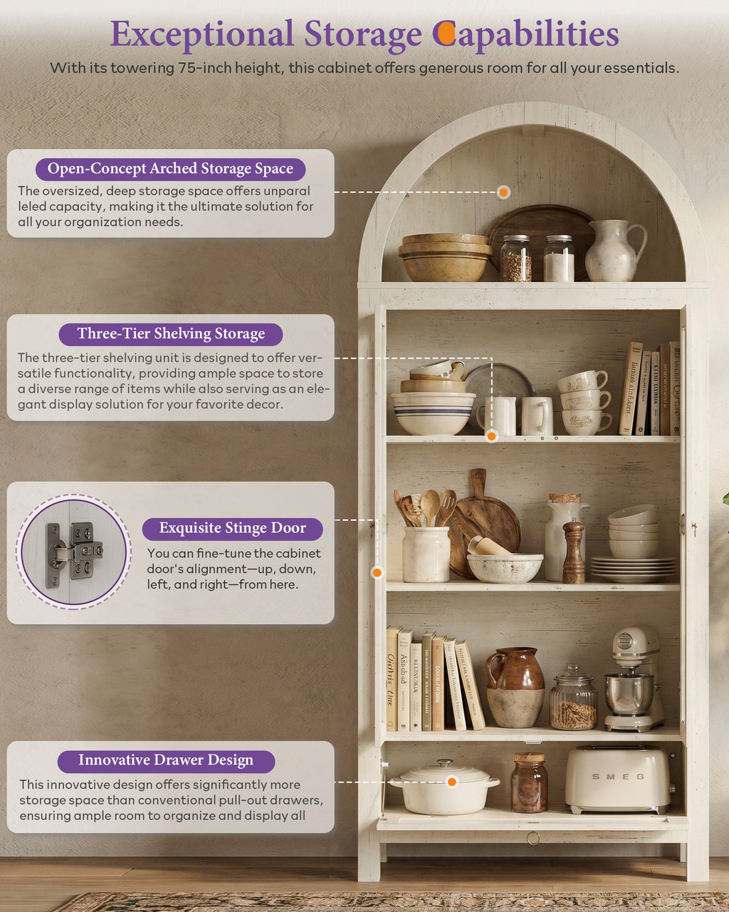 71'' Arched Pantry Cabinet, Arch Storage Cabinet w/Glass Door for Kitchen | Storage Cabinet with Innovative Drawer, Anti-Tip Device, Versatile Cupboard for Dining Room, Bathroom, Lobby, White