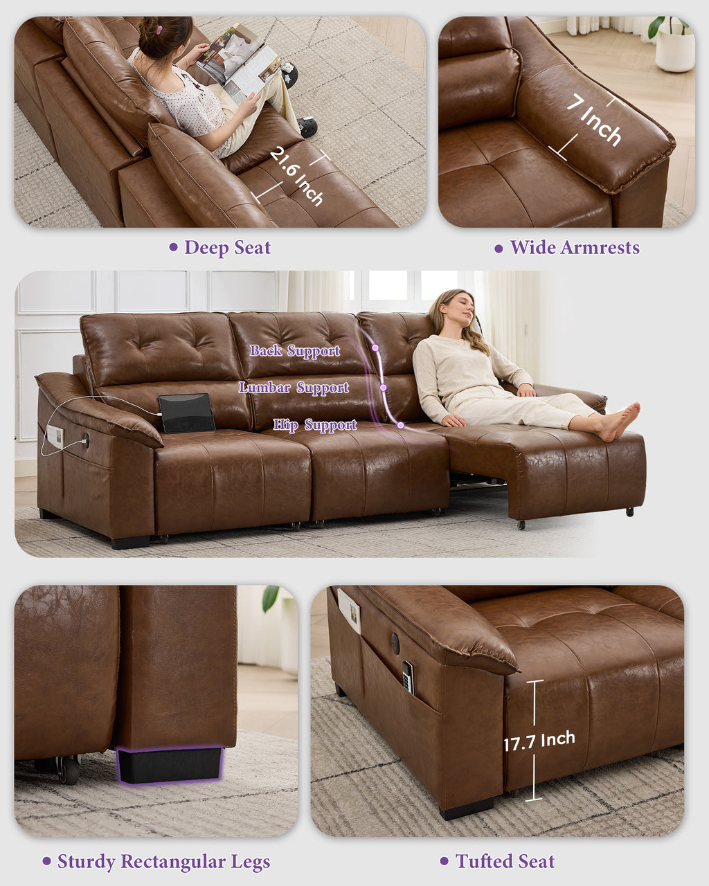 TYBOATLE Electric Reclining Sectional Couch, Power Recliner Sofa w/USB & Type-C Charging Ports and Cup Holders, Leather Reclining Sofa for Living Room, Home Theater (Brown)