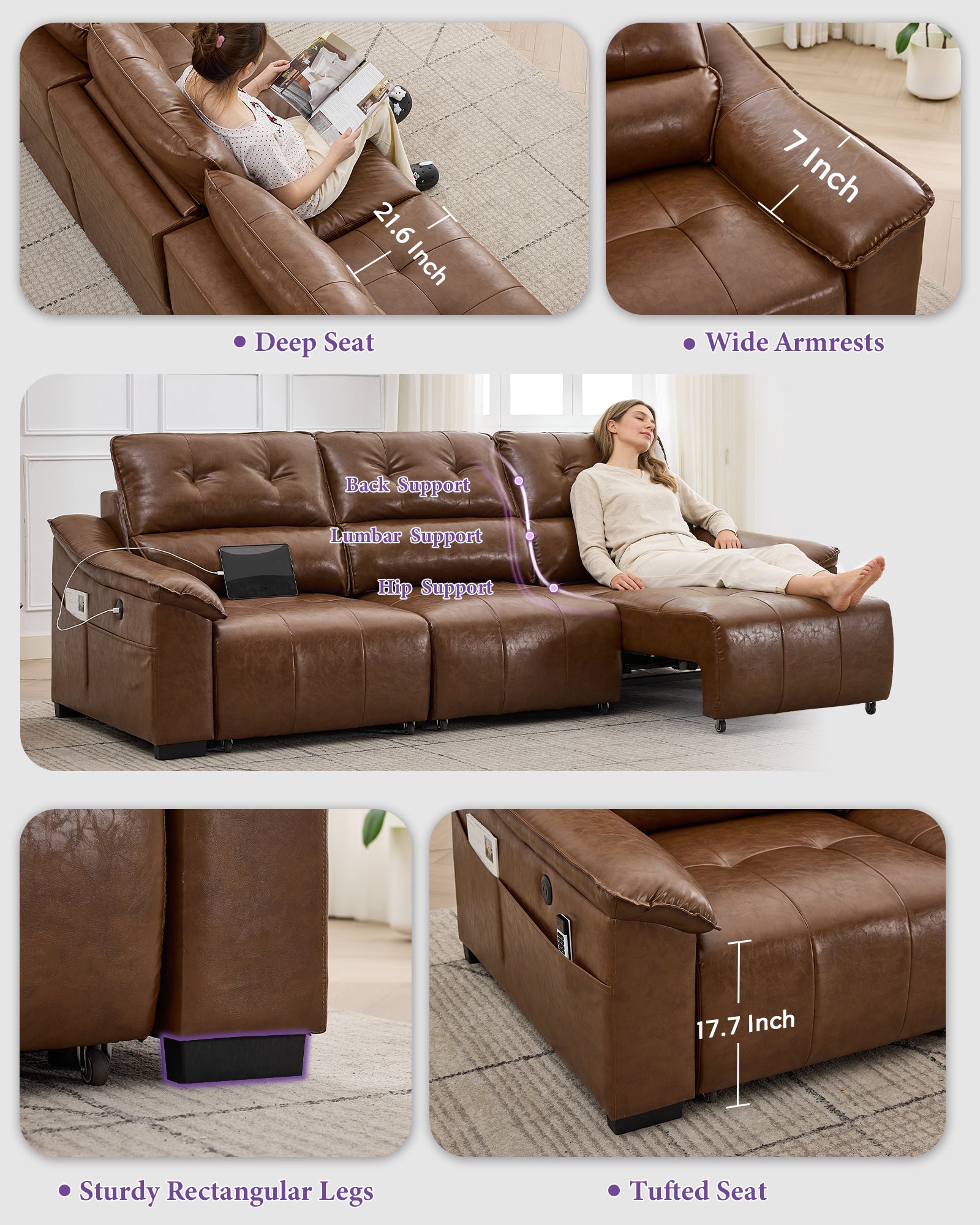 TYBOATLE Electric Reclining Sectional Couch, Power Recliner Sofa w/USB & Type-C Charging Ports and Cup Holders, Leather Reclining Sofa for Living Room, Home Theater (Brown)