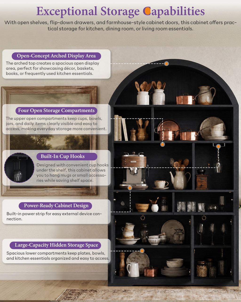 75'' Arched Cabinet, Arch Storage Cabinet with Power Strip Kitchen Dining | TYBOATLE, Farmhouse Pantry Cabinet, Open Shelves, Soft-Close Doors, Anti-Tip Device, X-Frame Doors, Coffee Bar Storage