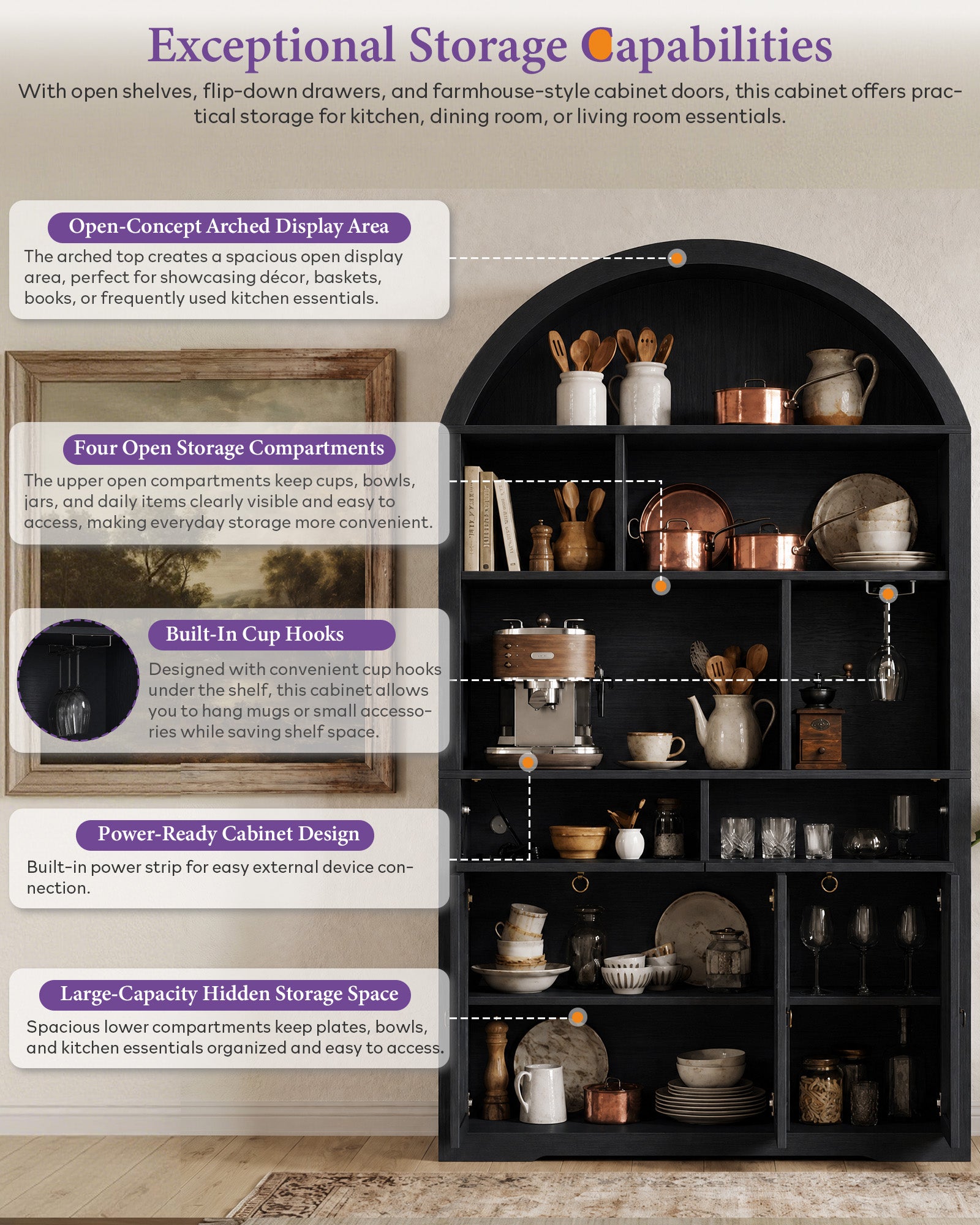 75'' Arched Cabinet, Arch Storage Cabinet with Power Strip Kitchen Dining | TYBOATLE, Farmhouse Pantry Cabinet, Open Shelves, Soft-Close Doors, Anti-Tip Device, X-Frame Doors, Coffee Bar Storage